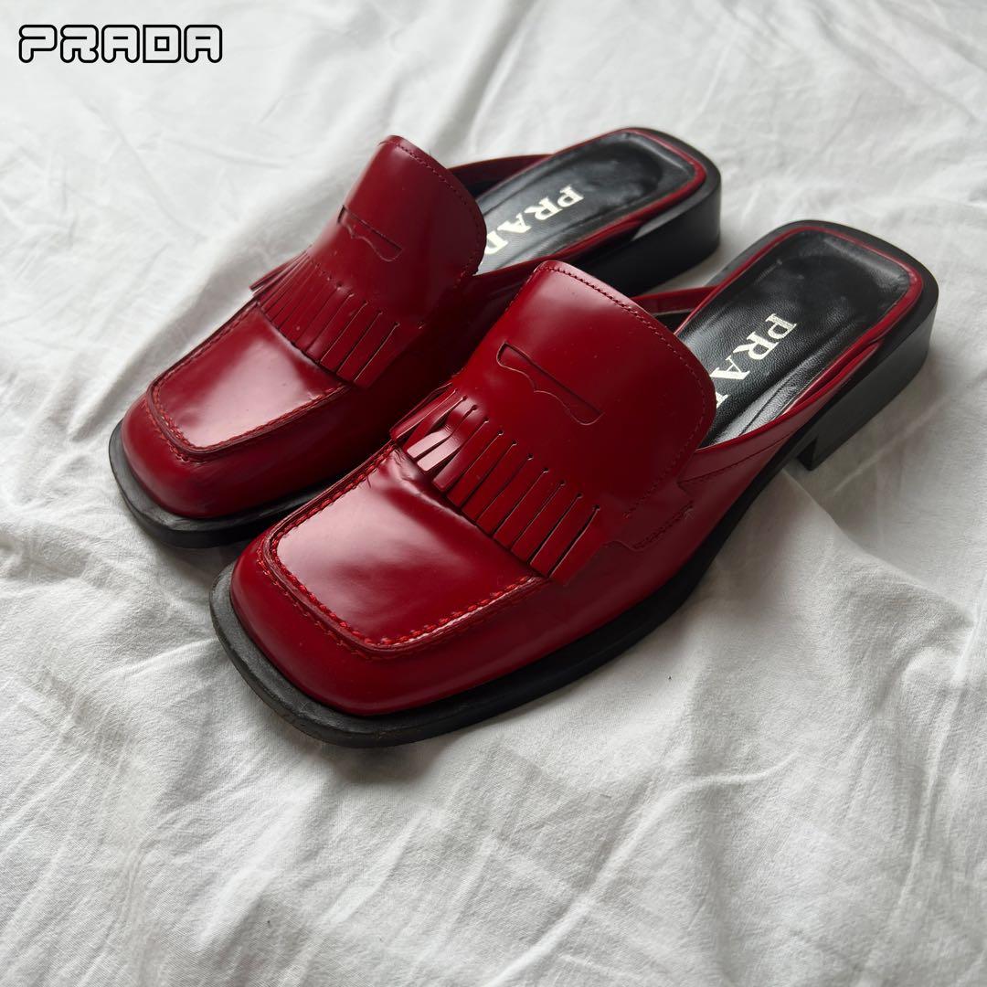 靴 99AW PRADA square toe leather mules red