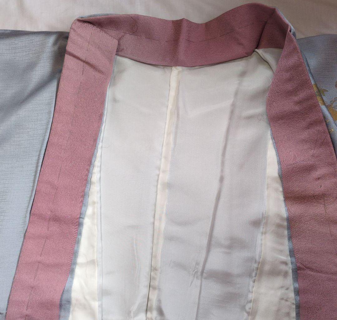 正絹　訪問着セット 薄青色　薄紫　ピンク 手刺繍　桔梗　 花柄 重ね衿付　帯付き