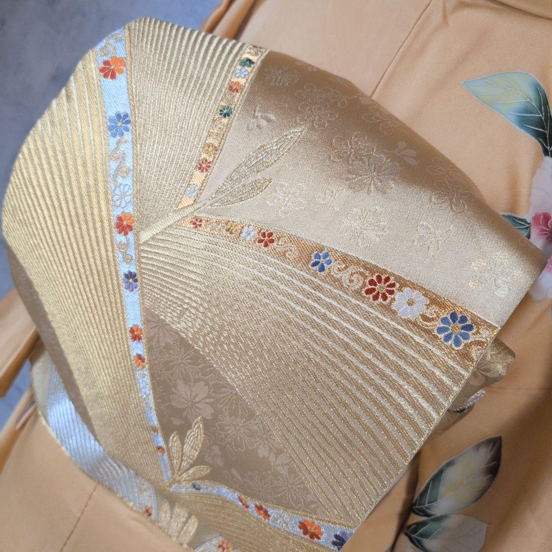 訪問着　フルセット　着物　正絹　生け花　しつけ糸　金　華やか　黄橙　C2