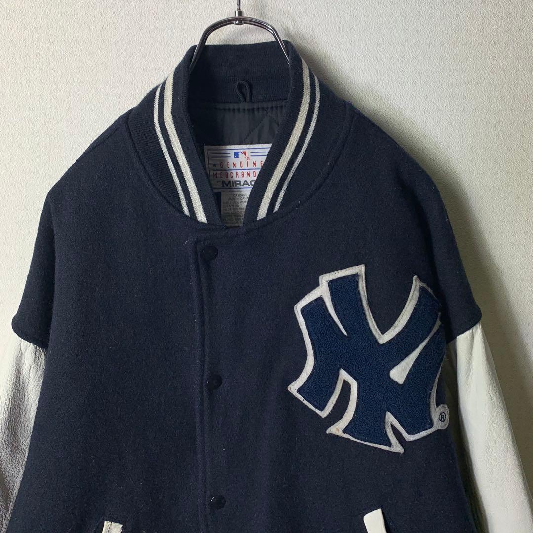 90s mirage ヤンキース スタジャン 袖レザー メルトン カナダ製 紺白