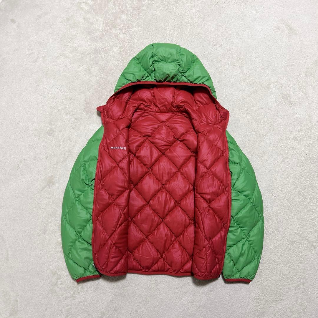 美品 モンベル down jacket parka green/red 収納袋付
