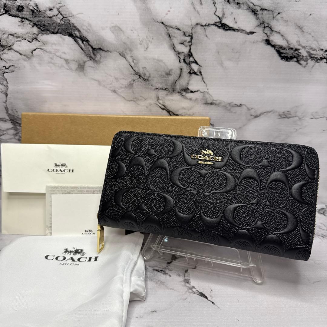 (未使用タグ付)大人気、コーチ、長財布、ラウンドジップ、オールレザー、エンボス