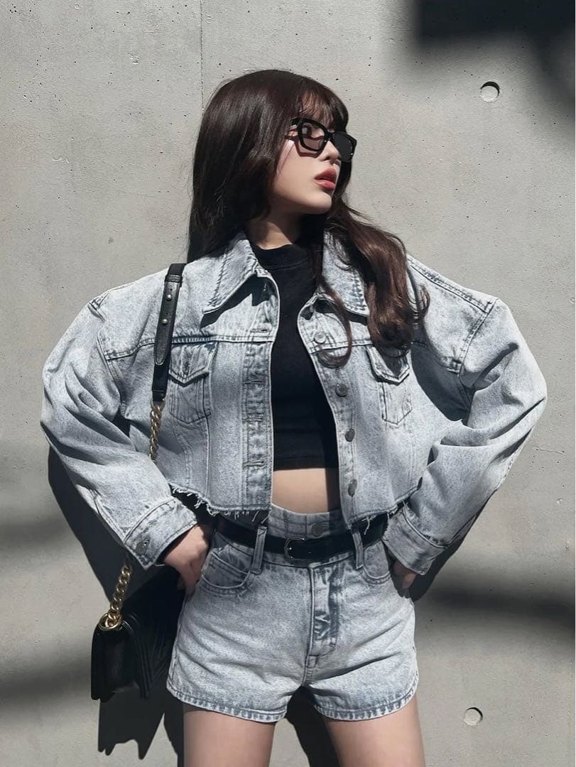 新品タグ ドロップショルダーショートGジャン ハイウエストデニムショートパンツ