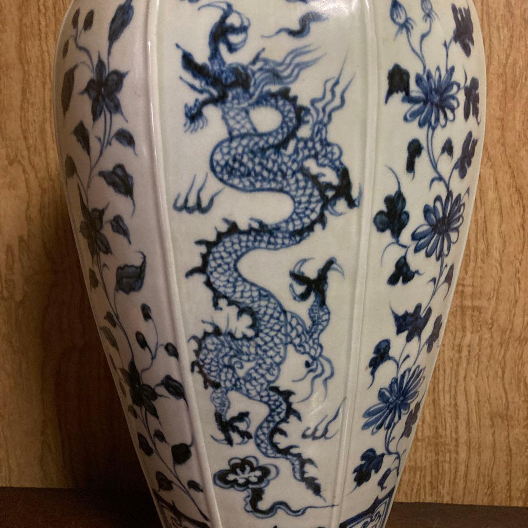 中国　染付　面取瓶　龍鳳花之図