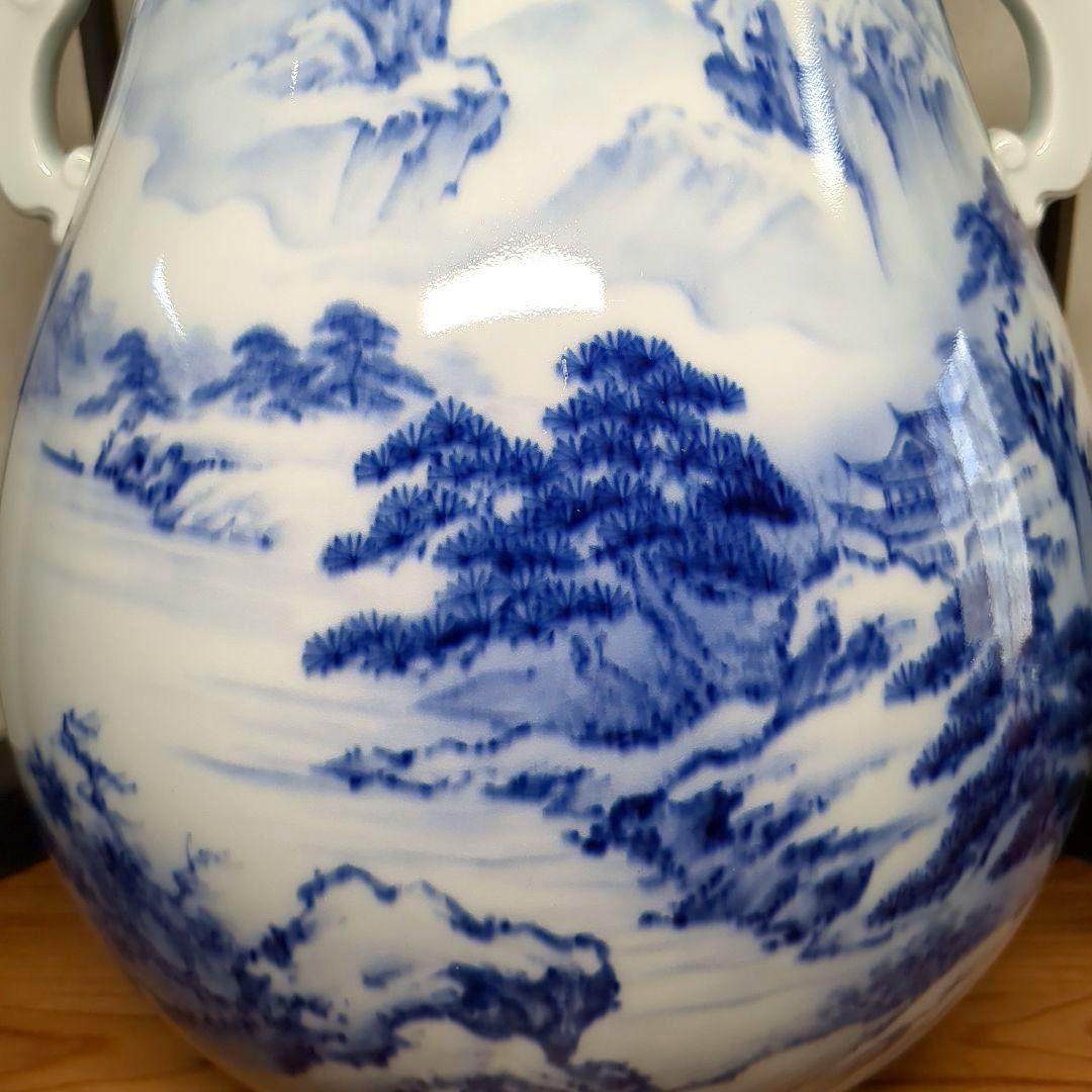 深川製磁　宮内庁御用達　染付　山水図　双耳　大花瓶　壺　1個　高さ約３３センチ