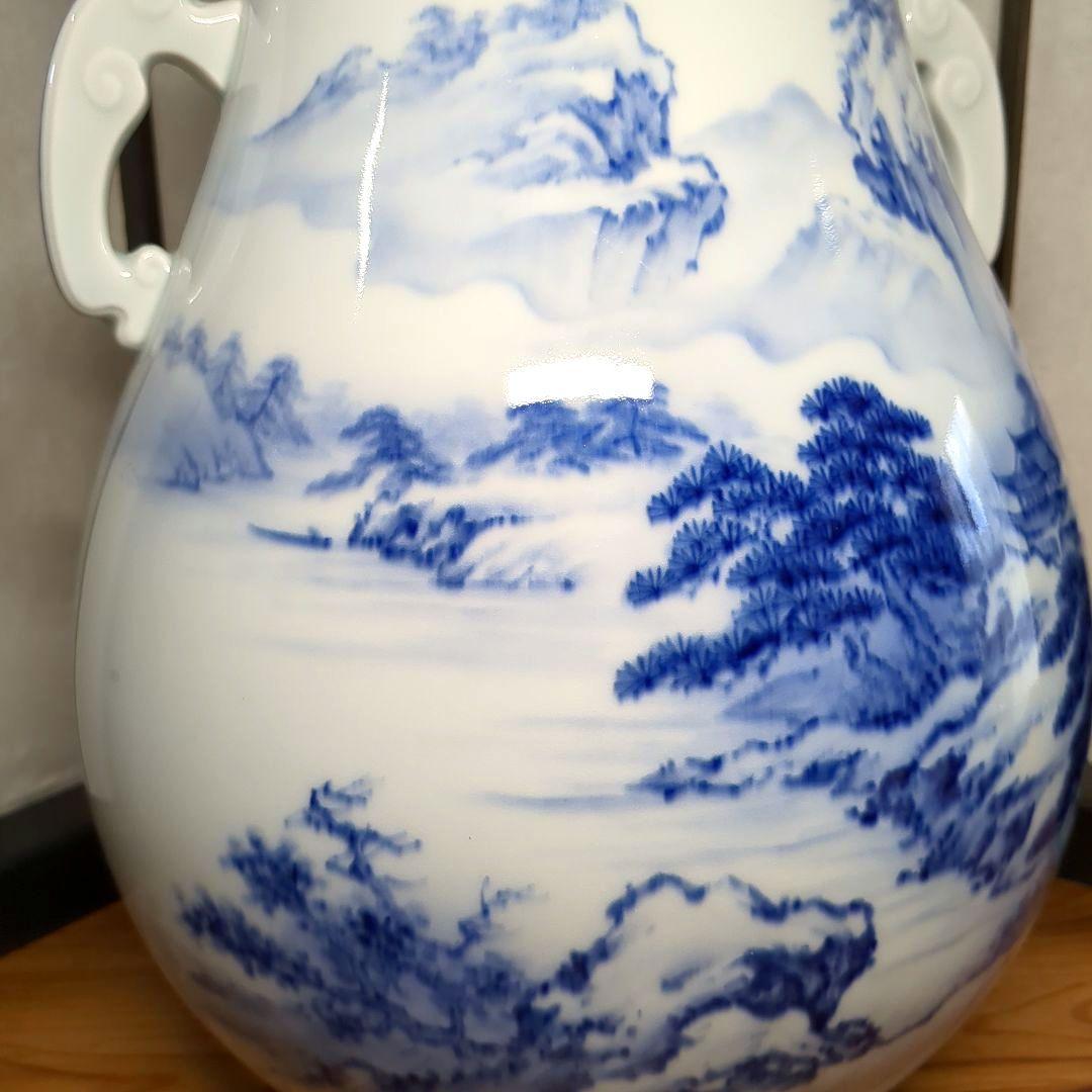 深川製磁　宮内庁御用達　染付　山水図　双耳　大花瓶　壺　1個　高さ約３３センチ