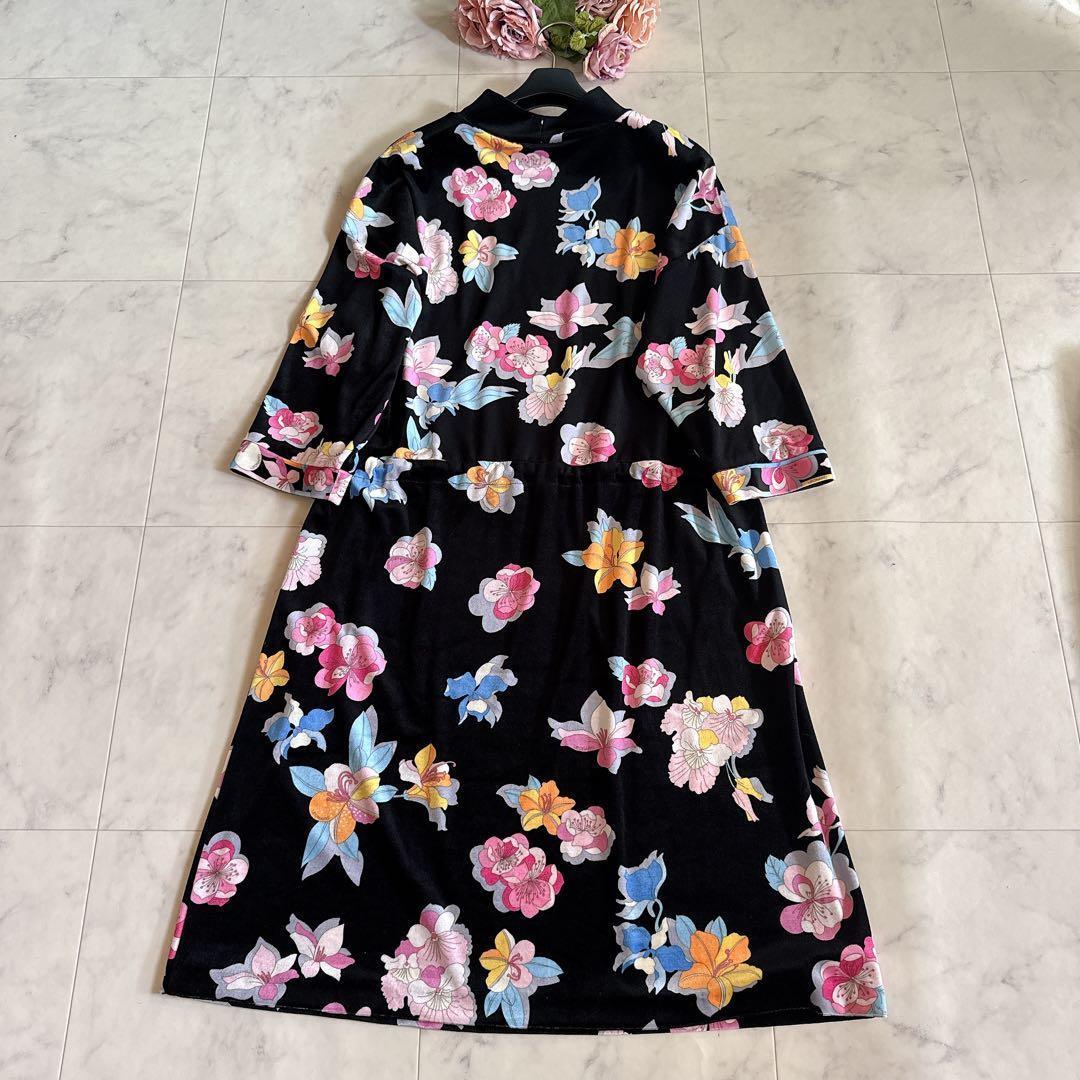 未使用級★近年物 レオナール カンカン ベロア調ワンピース 花柄 トリム 42