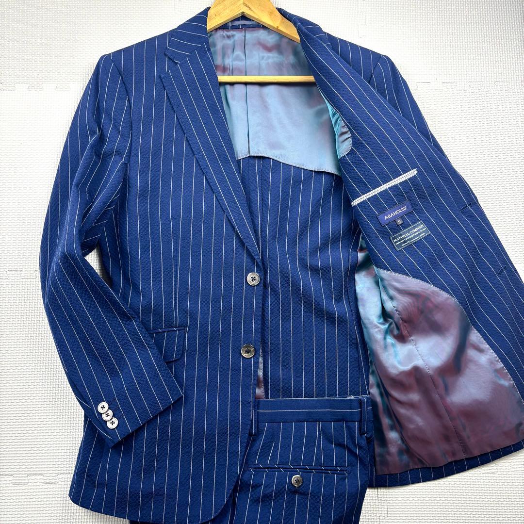 美品　アバハハウス　セットアップ　シアサッカー　シェルボタン　ストライプ　ブルー
