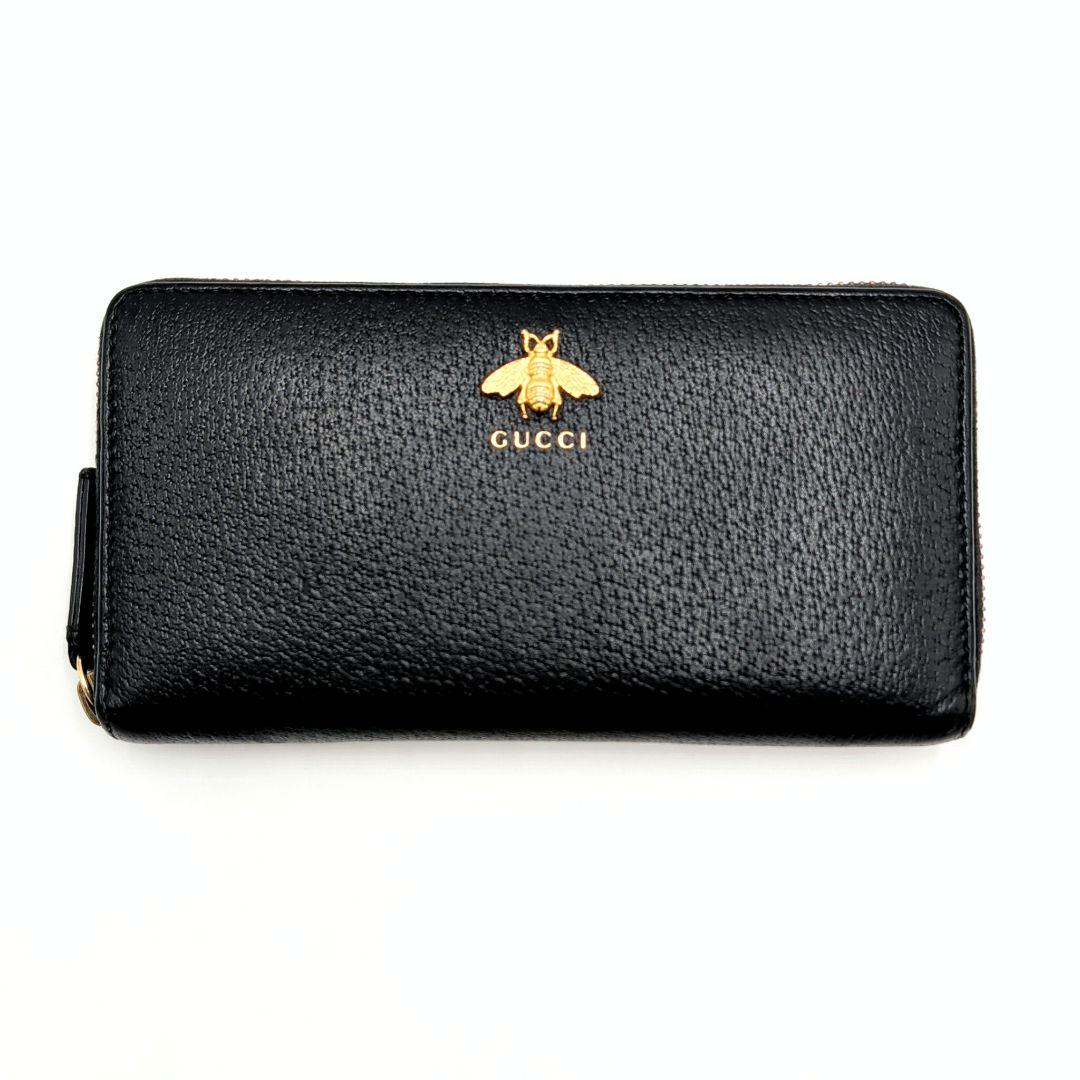 極美品 GUCCI アニマリエ ゴールドビー 長財布 グッチ レザー ブラック