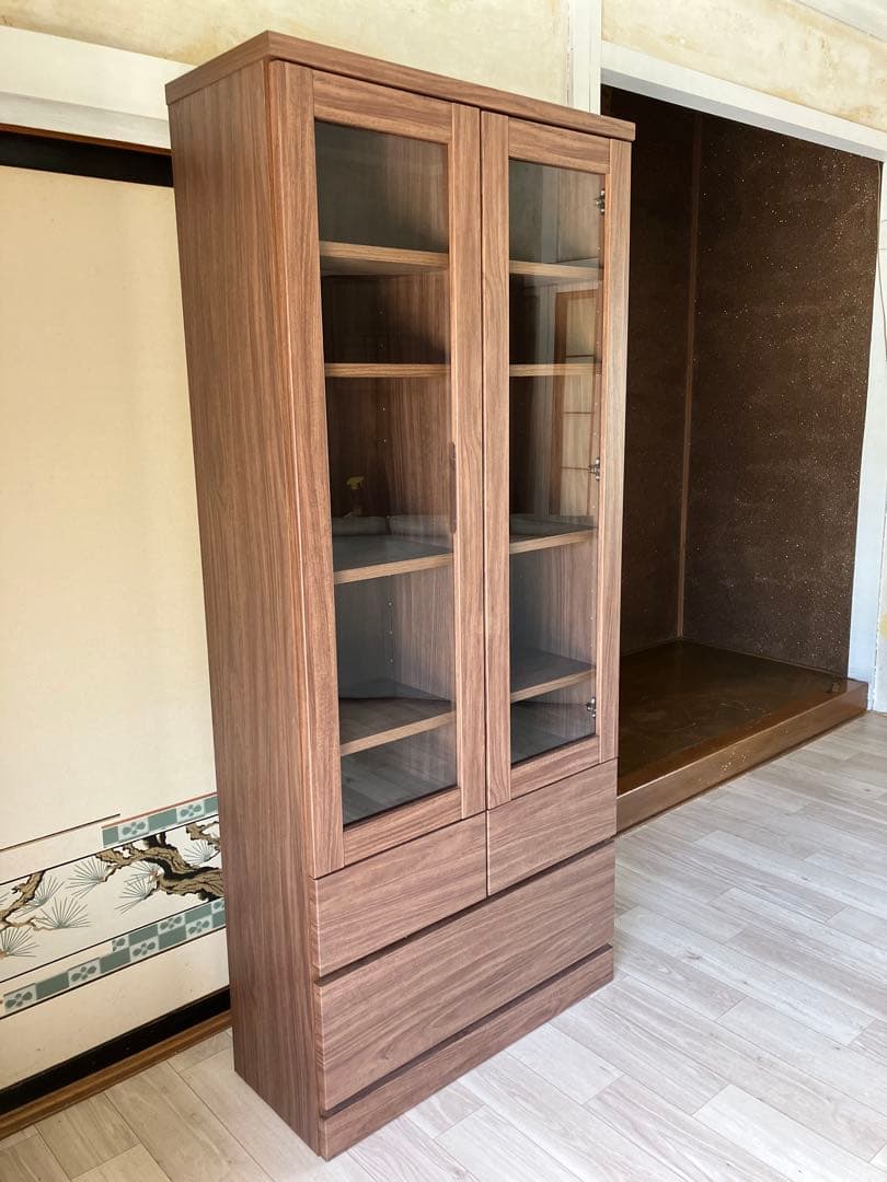 引き取り可 美品 ニトリ NITORI 扉・引出し付き書棚 ガラス扉 ブラウン