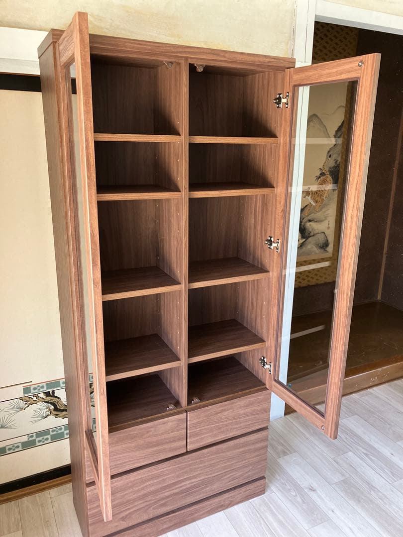 引き取り可 美品 ニトリ NITORI 扉・引出し付き書棚 ガラス扉 ブラウン