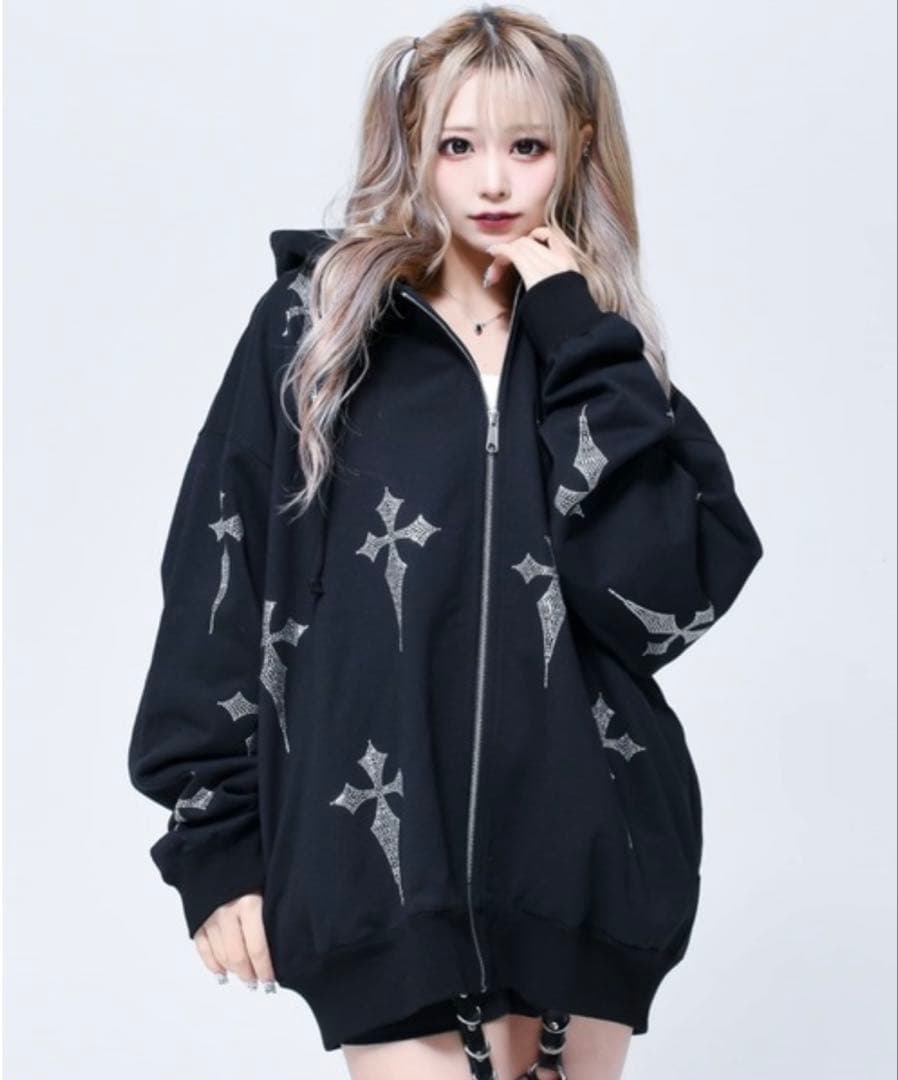 REFLEM/レフレムクロス総柄ラインストーンZIPパーカージップアップパーカー