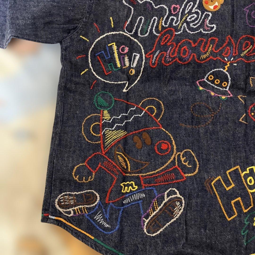 未使用タグ付ミキハウス 前後刺繍 ありデニムシャツ バッチ付 110