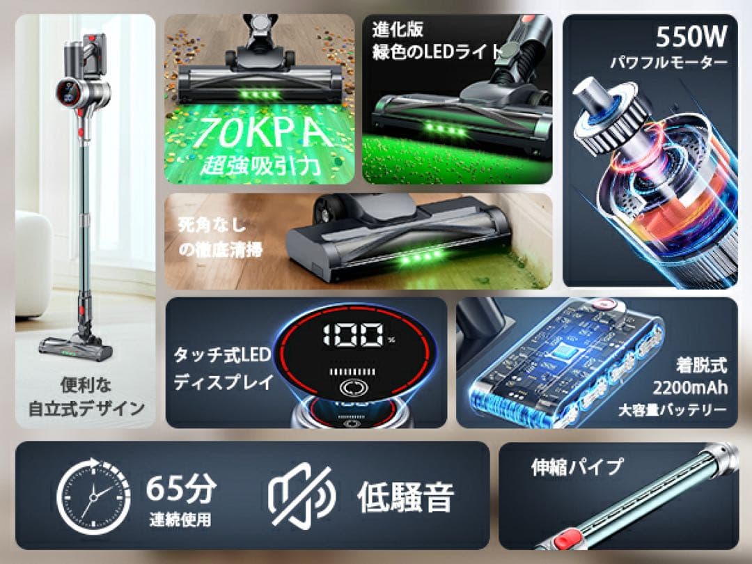 コードレス掃除機 70Kpa超強力 LEDライト付 自立式 サイクロン式