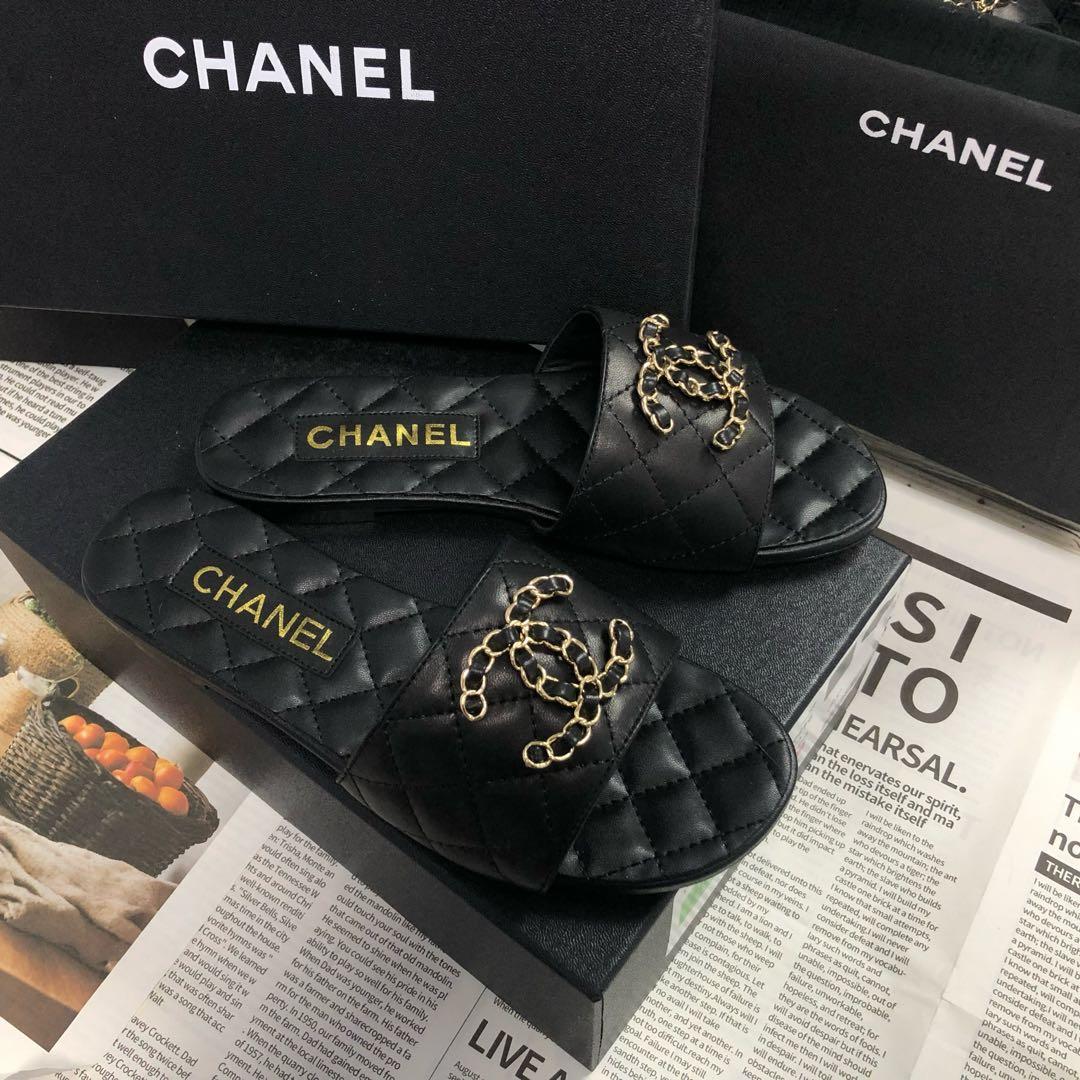 CHANEL チェーンココマーク キルティング サンダル ブラック