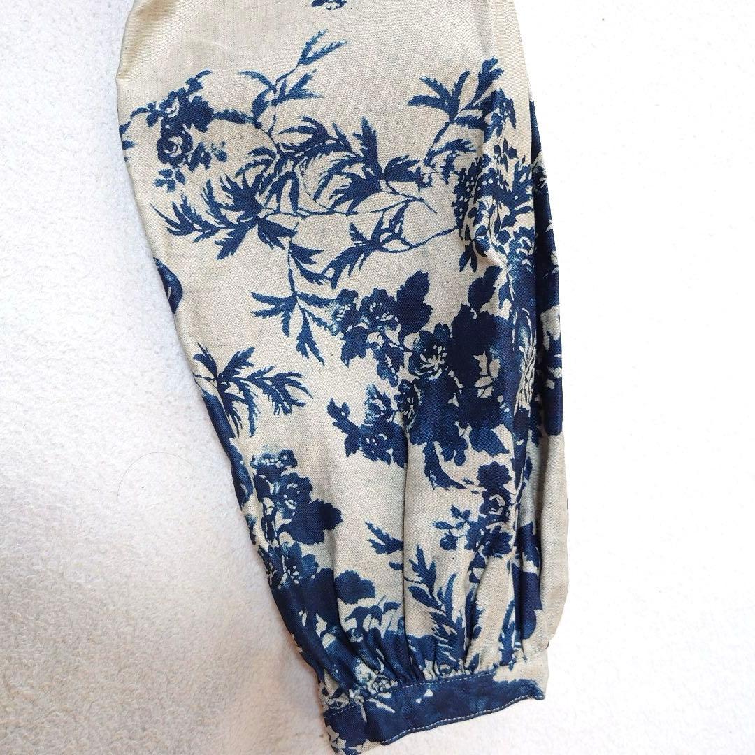 試着のみ45R インディゴ抜染ローズプリントのスモックドレス 45rpm