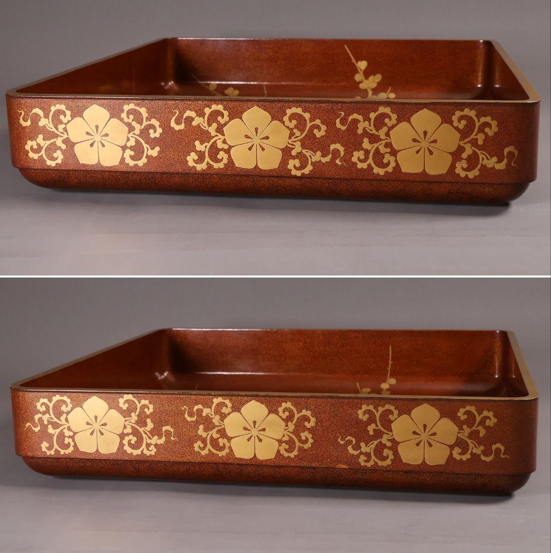 【MA797】時代木製漆器 梨子地 松梅・桔梗唐草 金蒔絵 呉服蓋 広蓋 広盆