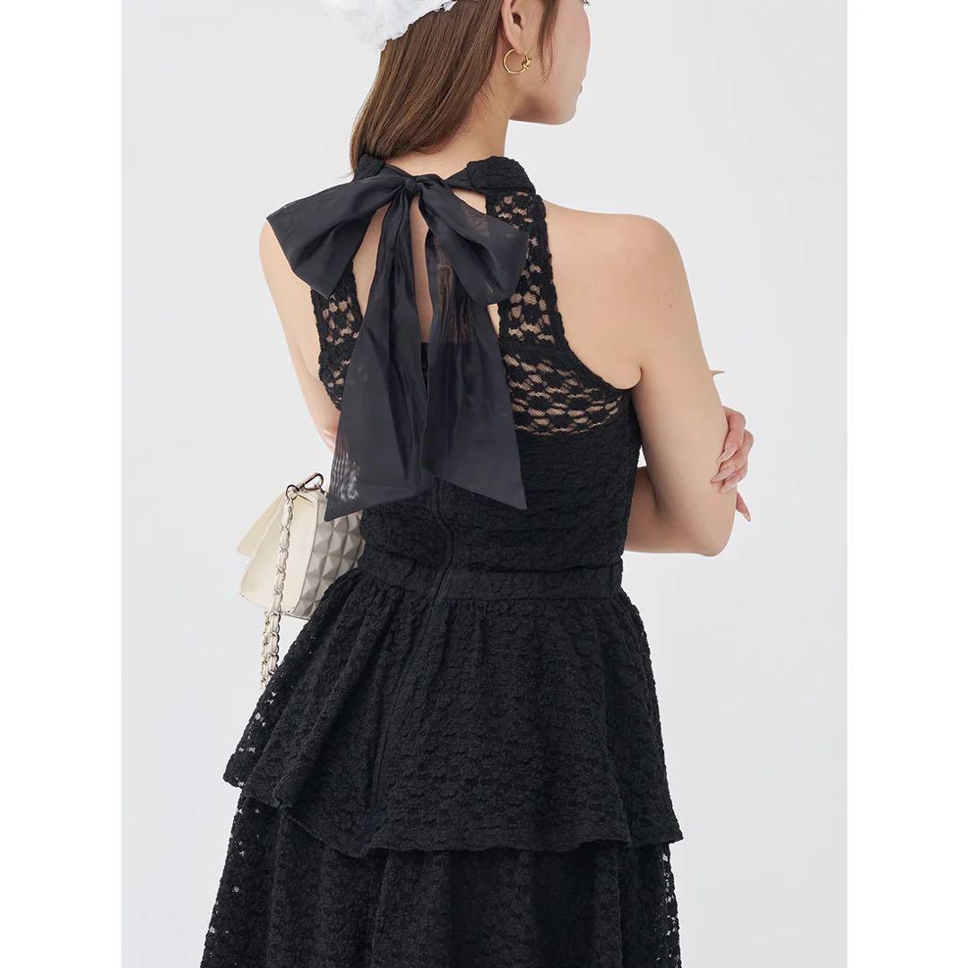 新品タグ付き ダーリッチ バックリボンフラワーレースティアードロングドレス 黒