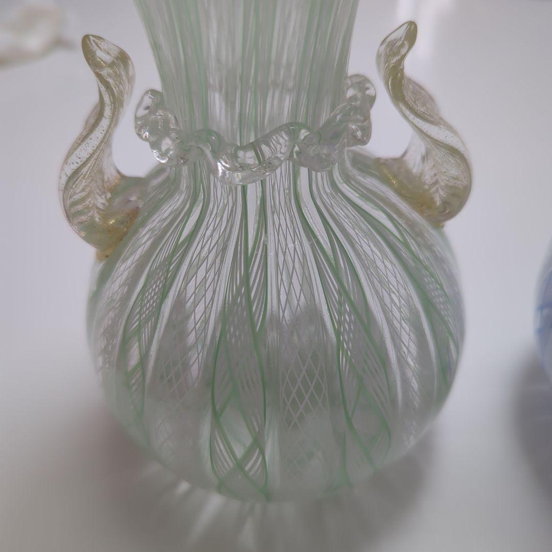 ガラス製花瓶 緑と青のストライプ　ベネチア製