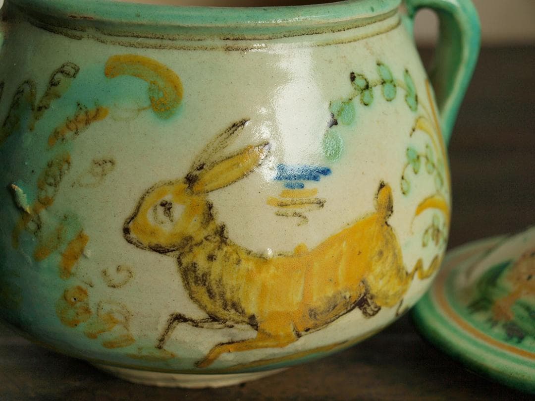 ウサギの模様の陶器のポット タラベラ カップ 古陶 ジャムポット/J663