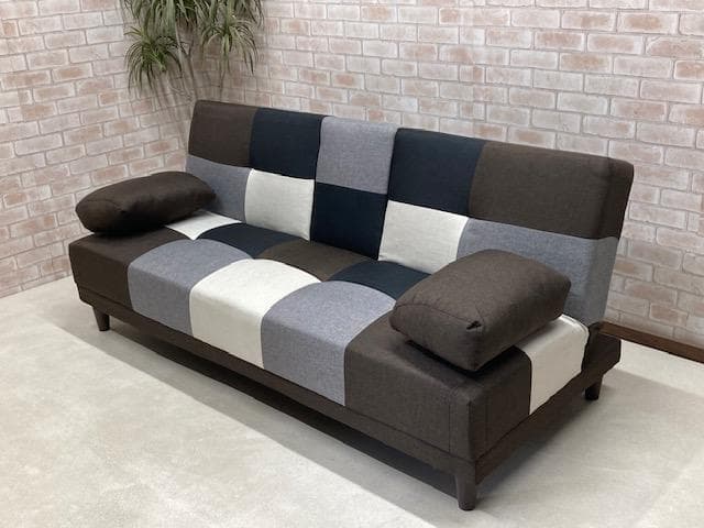 ソファーベッド　小テーブル付き　パッチワーク柄　ブラウンMIX　ソファ　新品