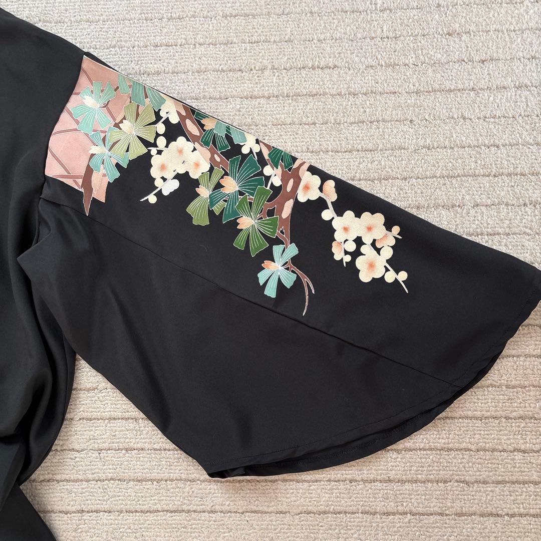 黒留袖　ワンピース　4L 作家物　手描き友禅　V襟　フレア袖　正絹　着物リメイク