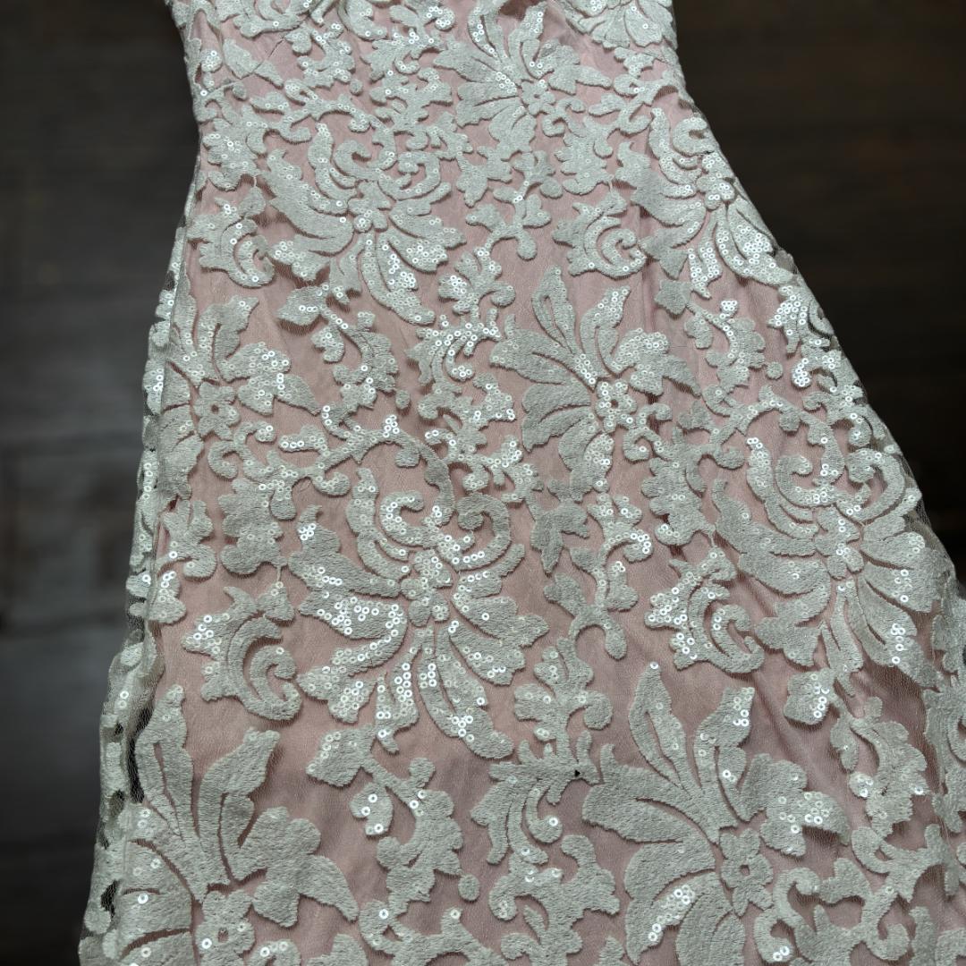 【タダシショージ】ロングワンピース マキシドレス　刺繍 スパンコール　白/ピンク