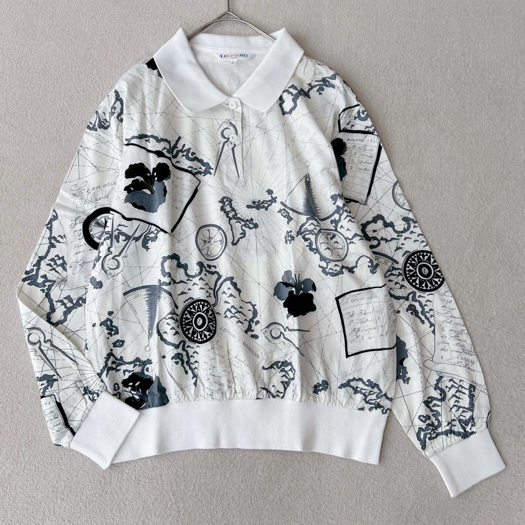 希少✨LEONARD レオナール　地図柄　長袖　トップス　白　洗える◎ L