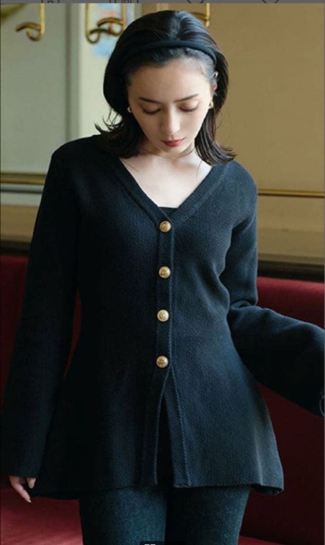 美品 anuans ウエストシェイプペプラムニットジャケット カーディガン 黒