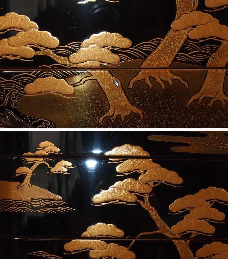 【高級・良品】輪島塗 五島屋謹製 光甫作 松島蒔絵 四段重箱 台付き 山水蒔絵