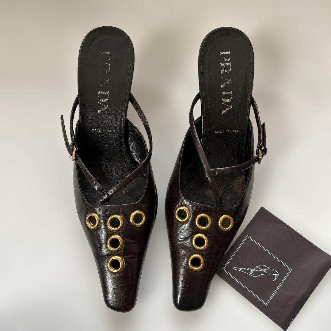 ヴィンテージ PRADA プラダ ミュール 37 24cm位 ハトメ ゴールド