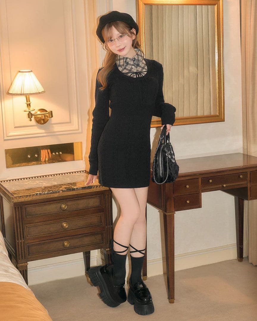 シャツレイヤード風ニットワンピース