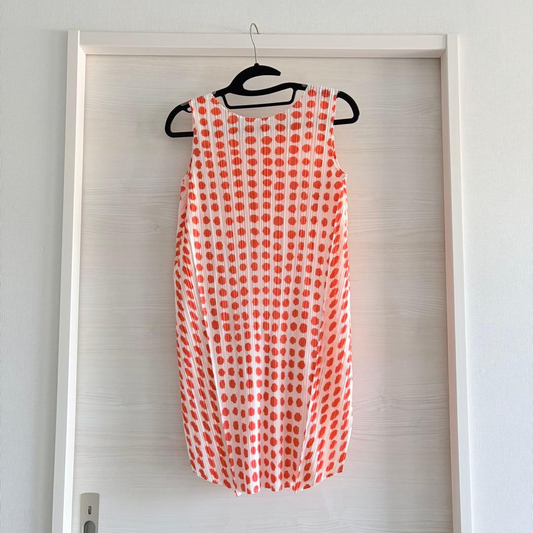 プリーツプリーズ　チュニック　トップス　ドット柄　美品　蛍光オレンジ