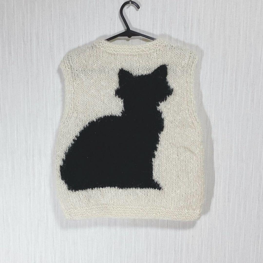 新品未使用ふわっふわっオーダー インターシャ手編みBLACK CATニットベスト