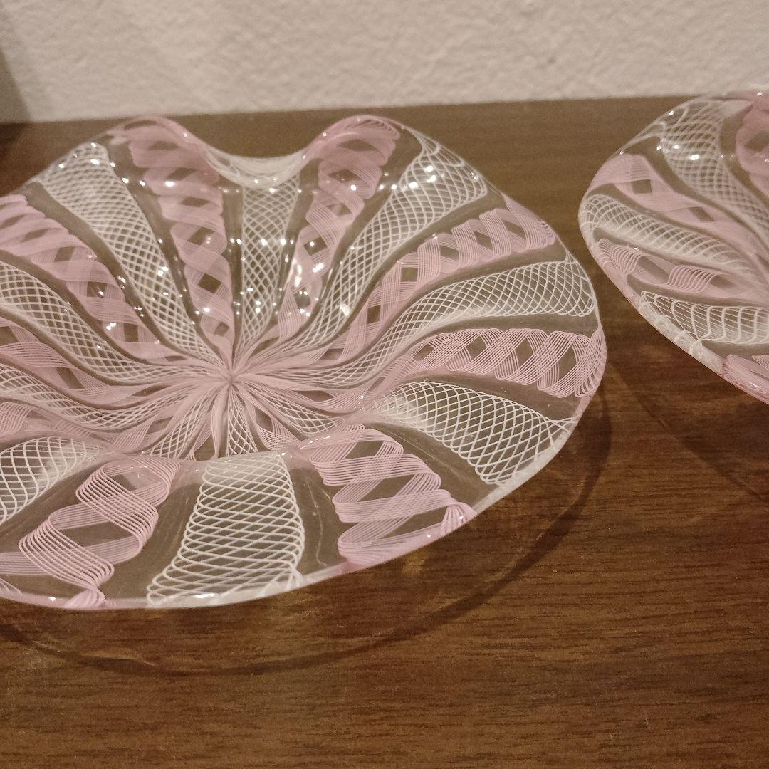 ベネチアンガラス　ムラノ　MURANO　変形皿　2枚　ピンク　レース　インテリア