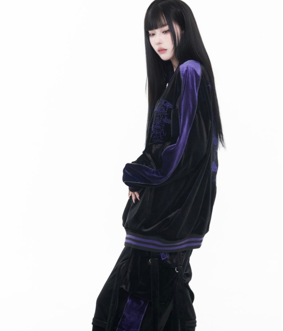 REFLEM/レフレム セットアップ ドラゴン刺繍 ベロアスカジャン 黒紫