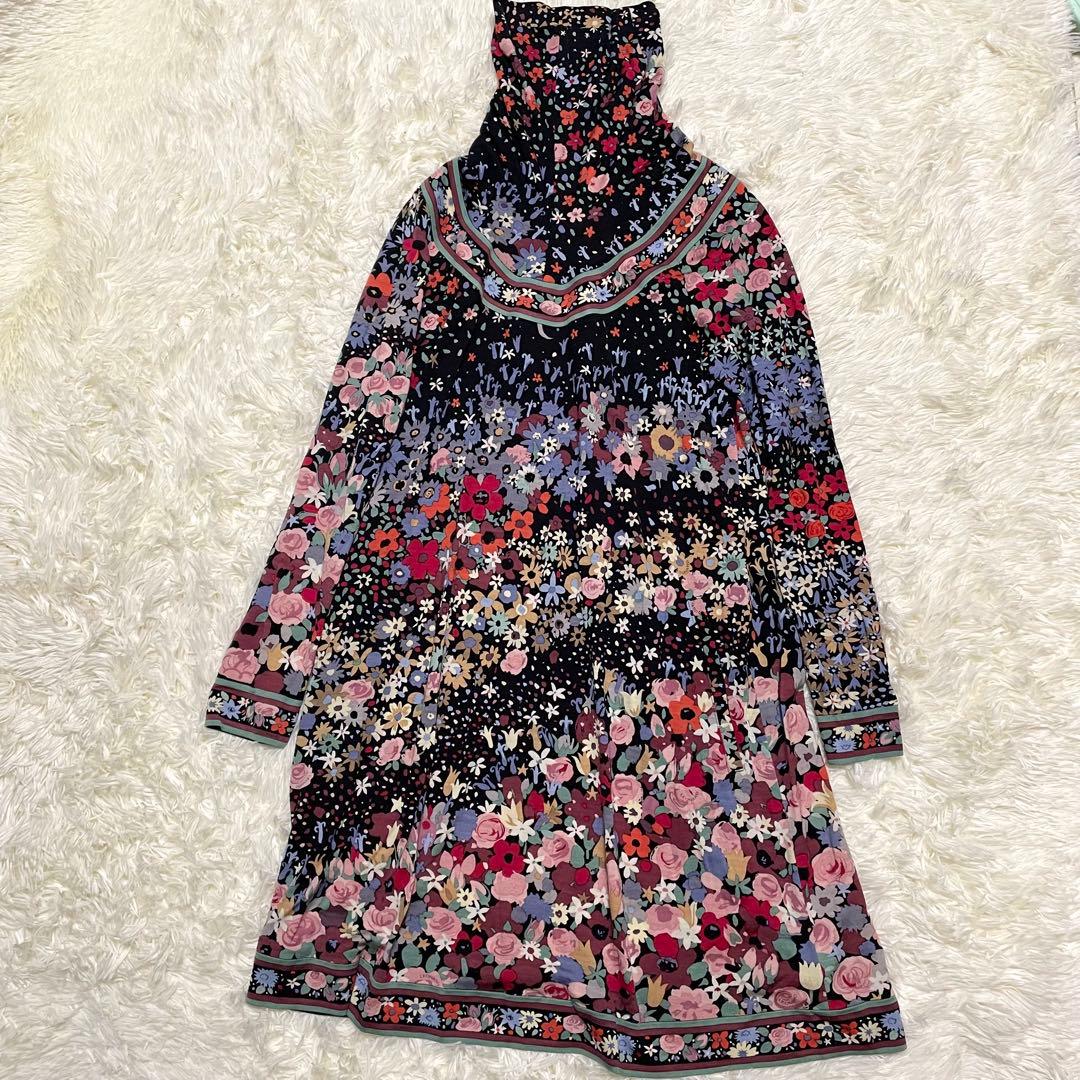 美品 レオナール ロングワンピース 花柄 タートルネック 3 毛 マルチカラー