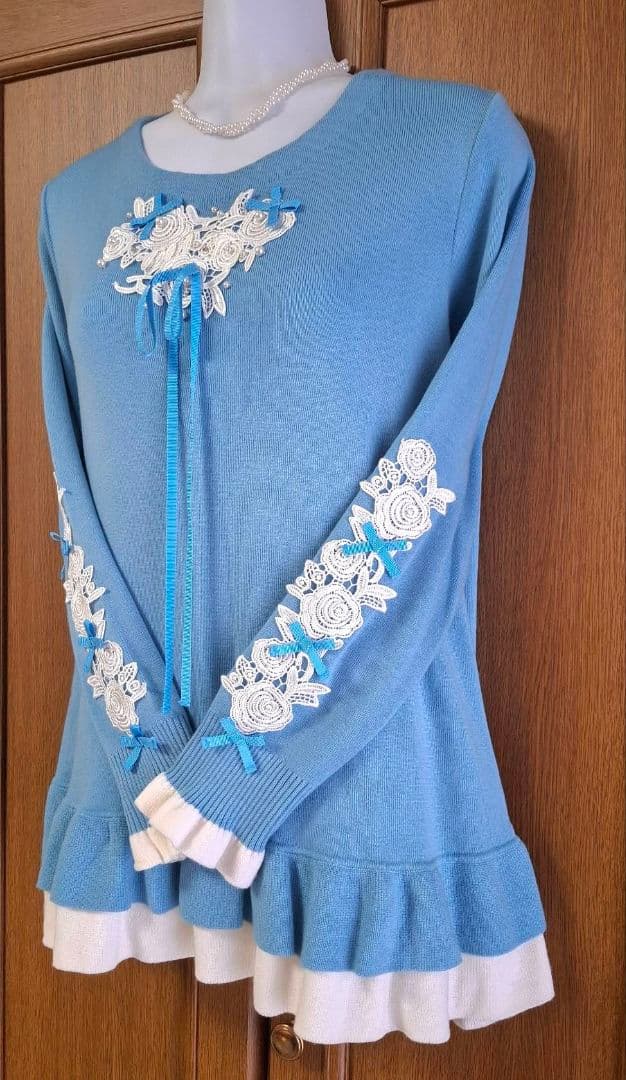 【新品】スーパービューティー ニットレース裾フリル チュニック 44 LL XL