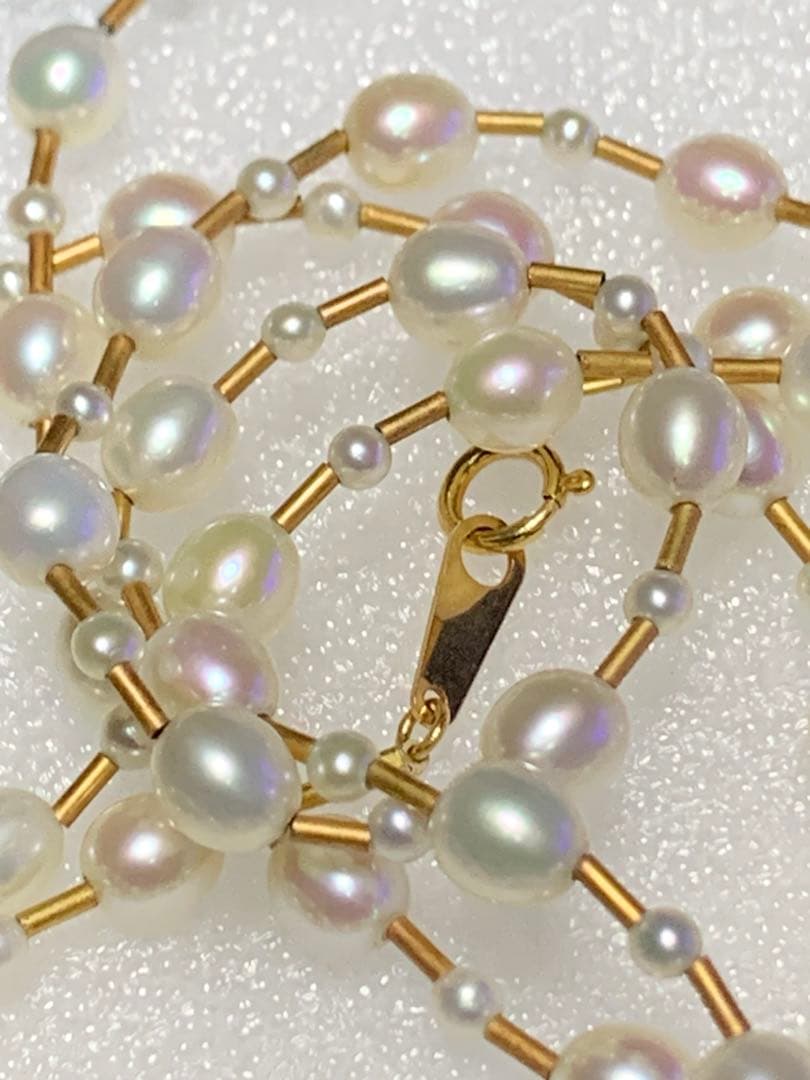 K18 4.5mm 2mm ランダムパールロングネックレス