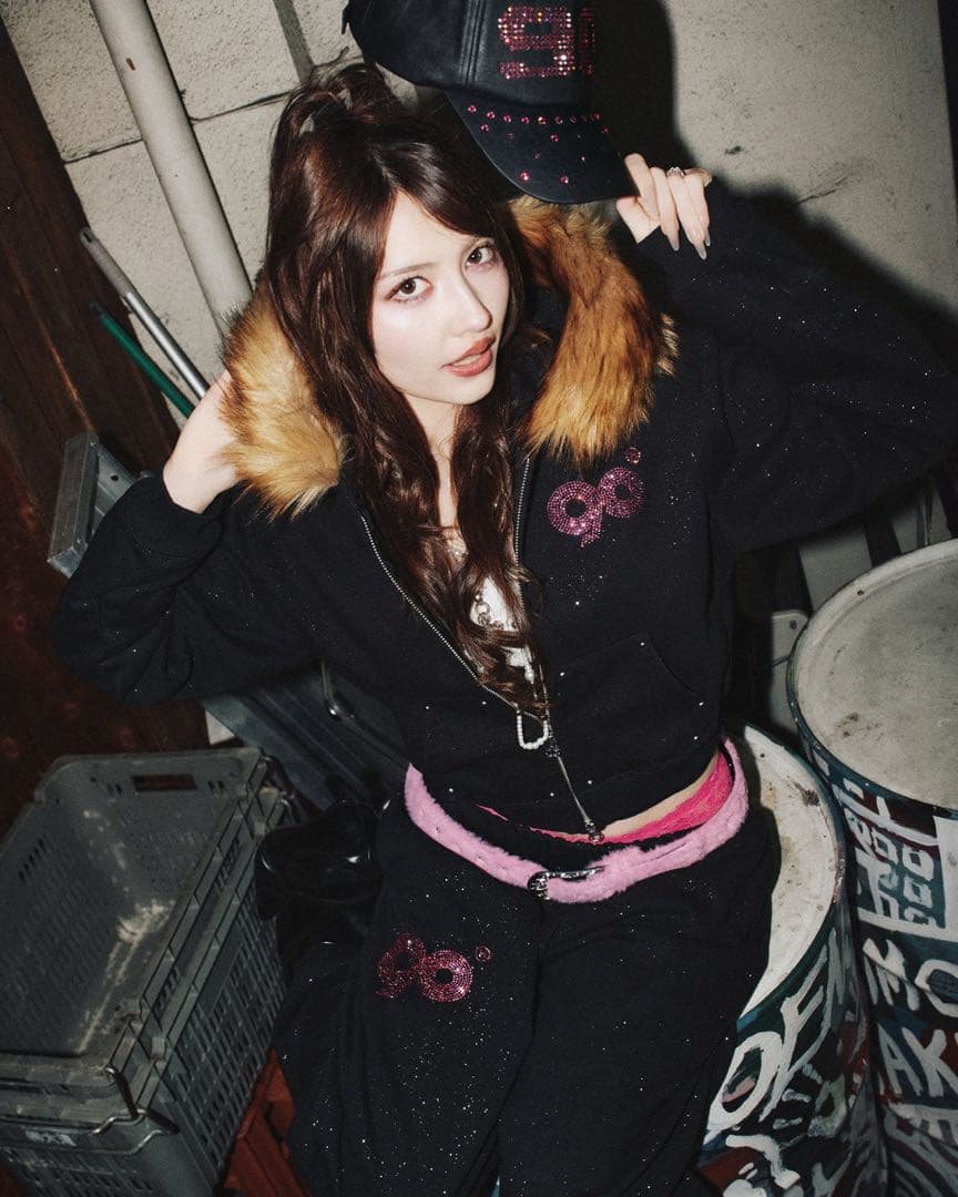 トップス 9090 girl Logo Glitter Fur Zip Hoodie S