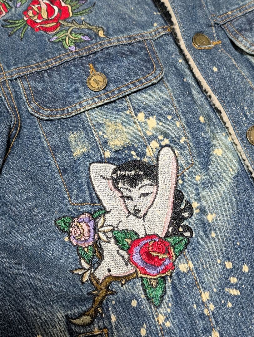 REASON 刺繍　デニムジャケット ボア襟　Lサイズ　ダメージ加工Gジャン