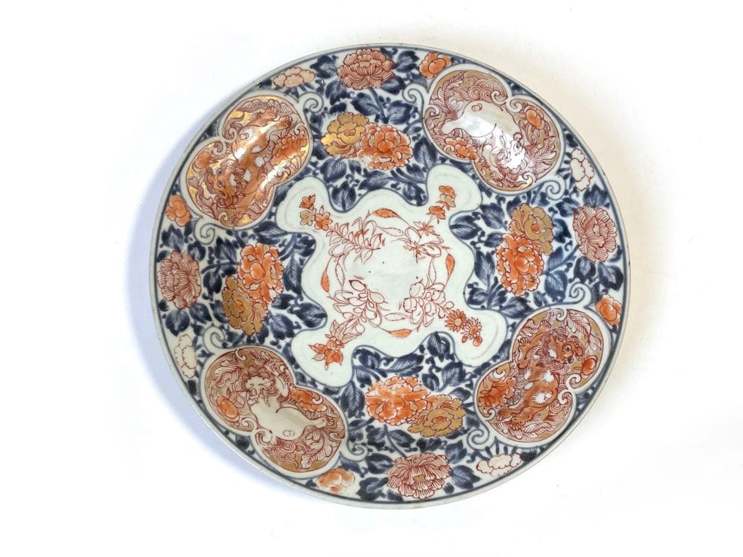骨董　アンティーク　古伊万里　色絵　金襴手　輸出伊万里　獅子牡丹　皿　丸皿