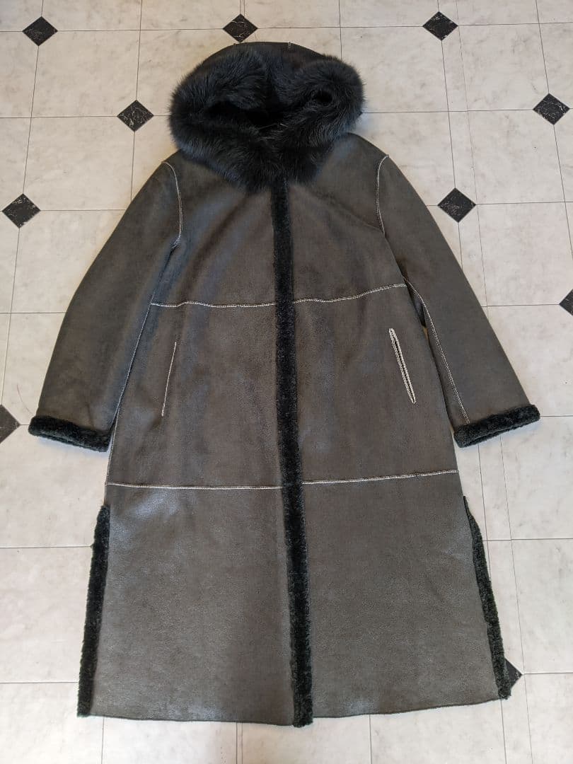 フェイクムートンロングコート フォックスファー付きフード 大きいサイズ 3XL