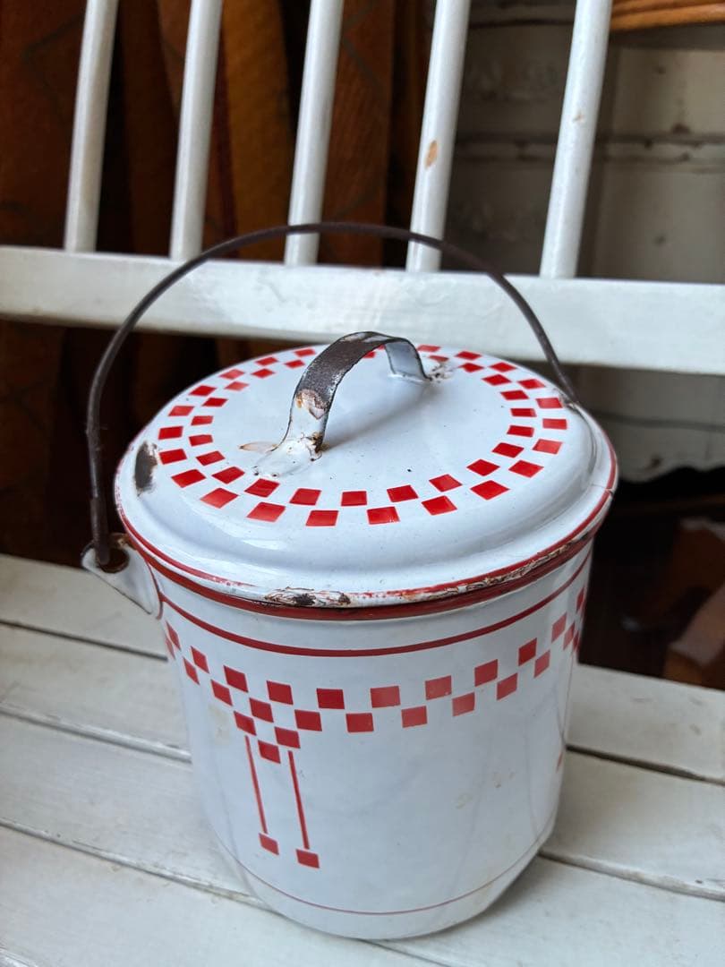 フランス　アンティーク　ホーロー　ストッカー　キャニスター　ダミエ　市松　レア