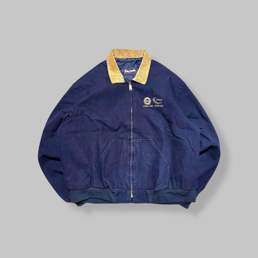 USA製ビンテージダックジャケットネイビー襟コーデュロイ刺繍ロゴ90s古着2XL