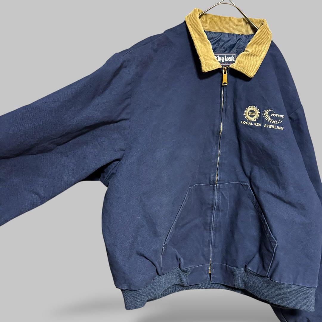 USA製ビンテージダックジャケットネイビー襟コーデュロイ刺繍ロゴ90s古着2XL