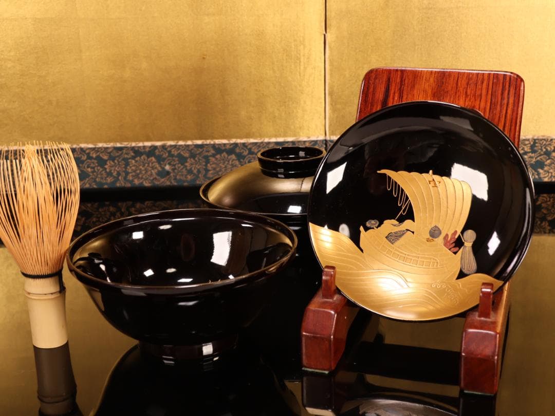 BK407　時代輪島塗　宝船図金蒔絵　波千鳥　吸物椀　1客　木製　茶道具 懐石