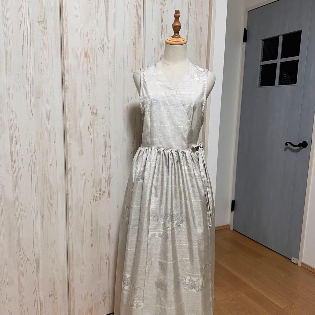 着物リメイク 大島紬(7マルキ)から袖なしカシュクールワンピース(M)