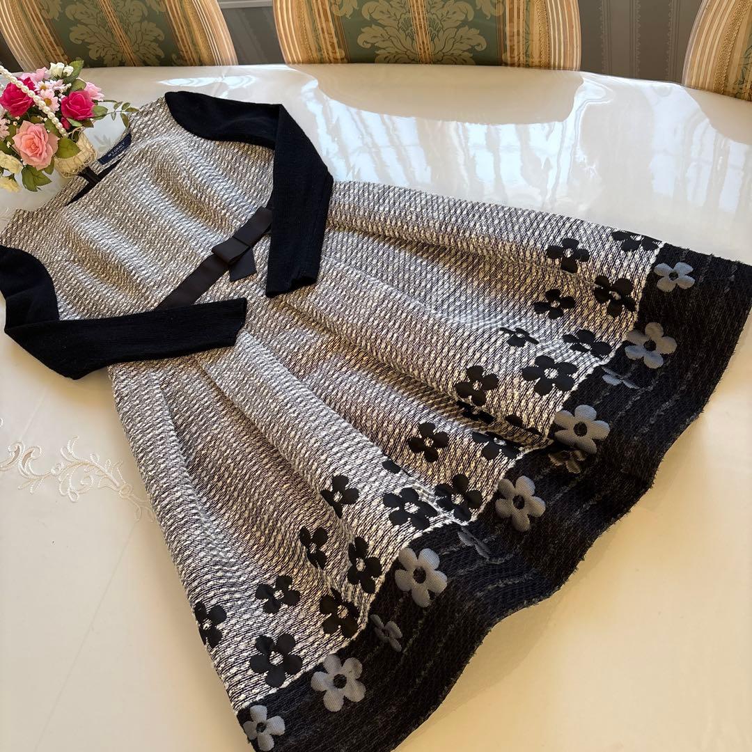 エムズグレイシー　袖ニットウエストグログランリボンお花柄モチーフワンピース 38