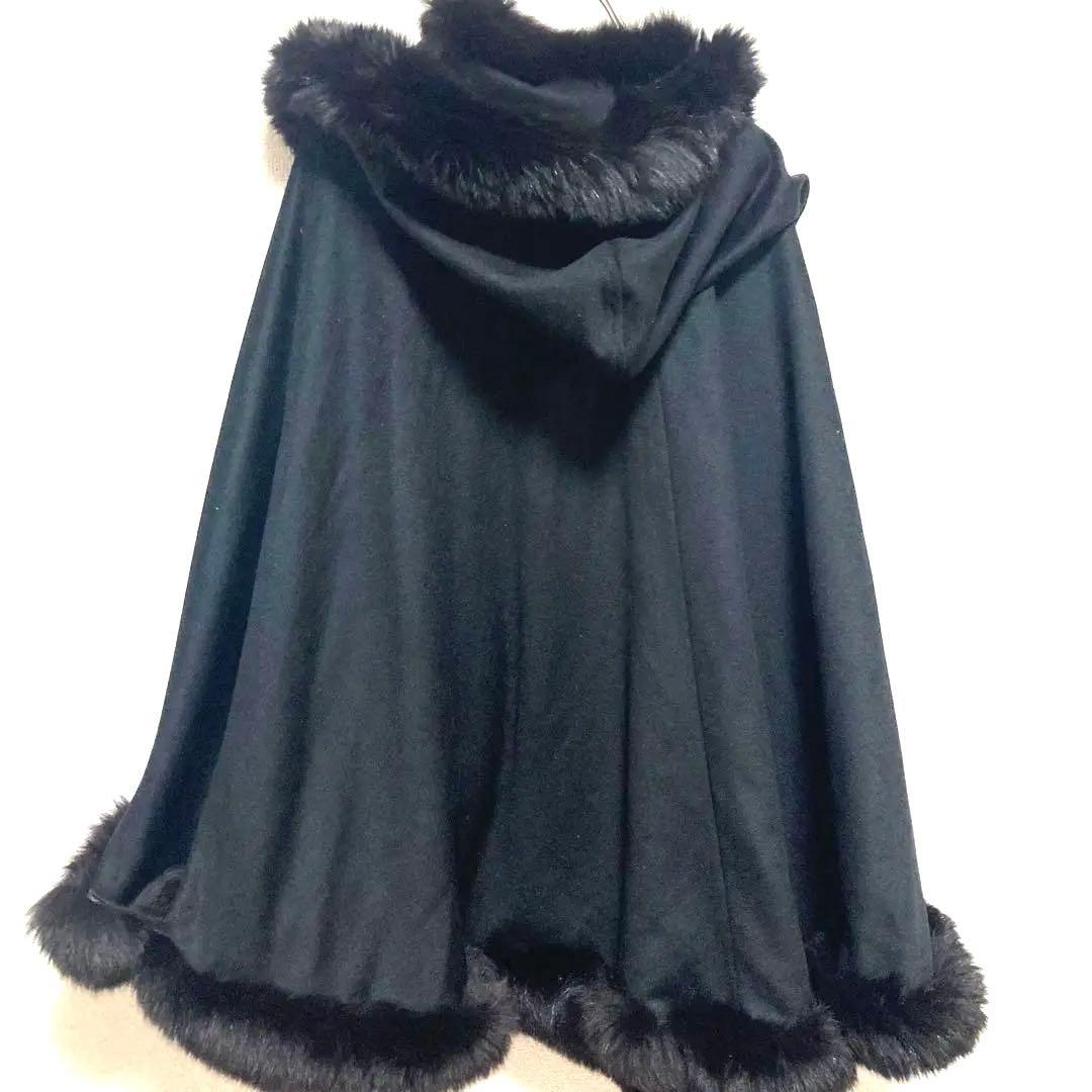 美品☆カシミヤフード付きマント ファー付きケープコート　ポンチョ エレガント